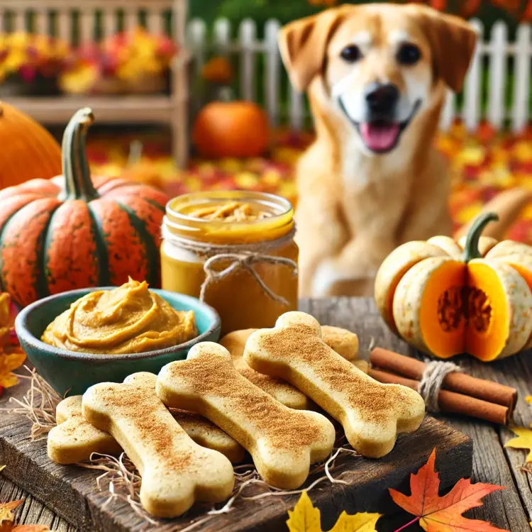 Wholesome autumn treats for your furry friend—peanut butter and pumpkin dog biscuits, perfect after a day of play in the fall leaves!