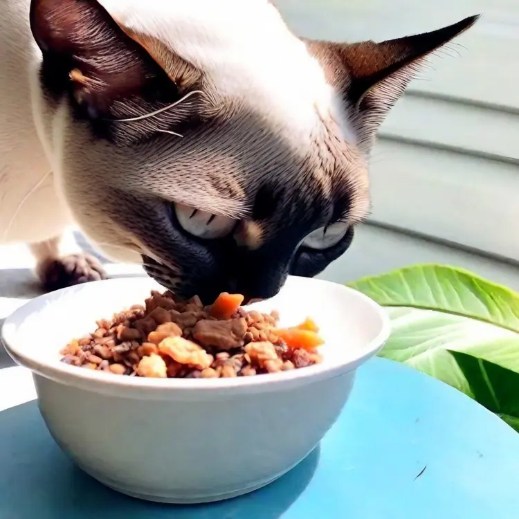 A Happy Cat Enjoying a Wholesome Homemade Meal of Savory Beef and Carrots – A Delicious and Nutritious Delight for Your Feline Companion!