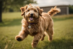 A cheerful Labradoodle with a curly, apricot-colored coat playfully frolics in the grass, showcasing its friendly and energetic nature.
