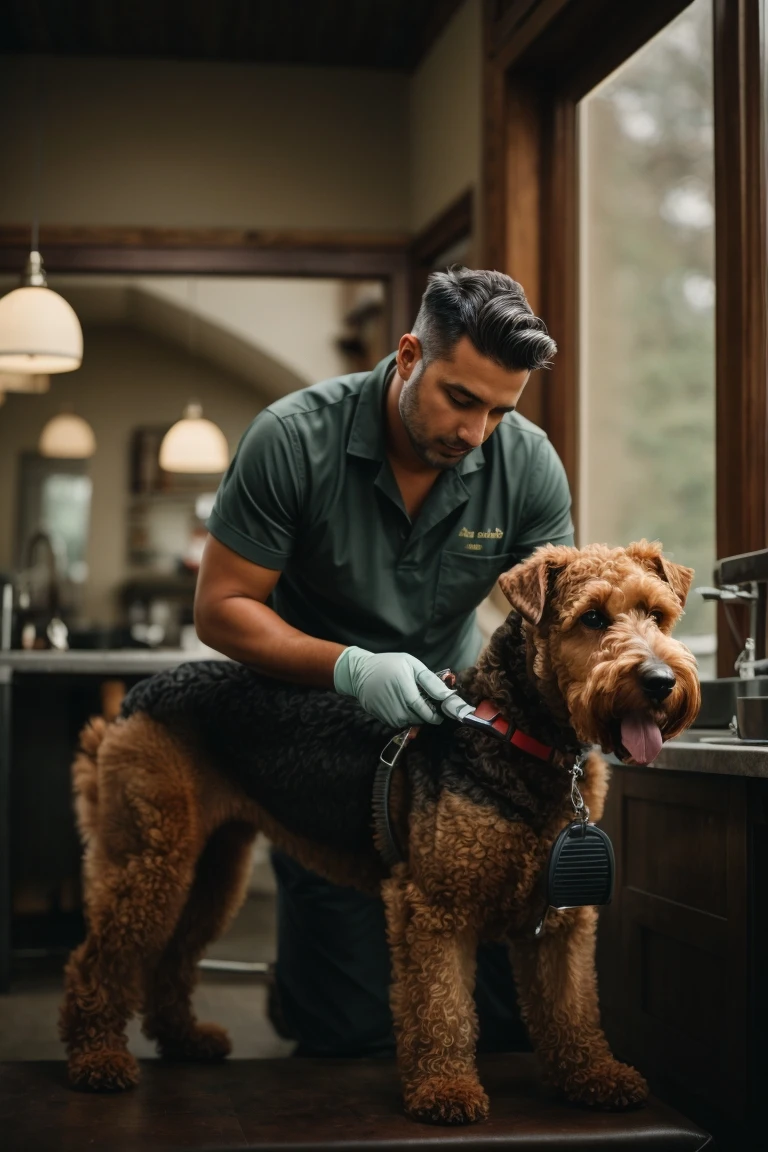 A professional groomer takes care of an Airedale terrier's coat, ensuring that the dog looks and feels its best.