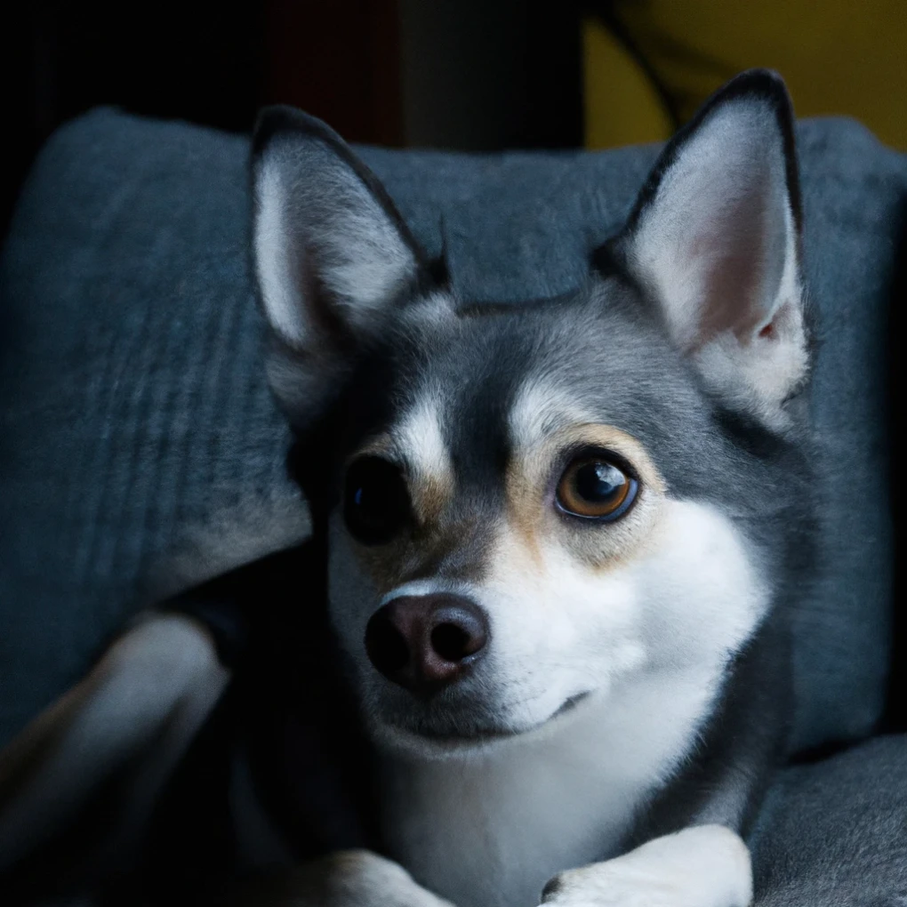 A relaxed Alaskan Klee Kai lounging on the couch, showcasing their signature coat and playful demeanor. The perfect companion for those ready to understand and embrace their quirks!