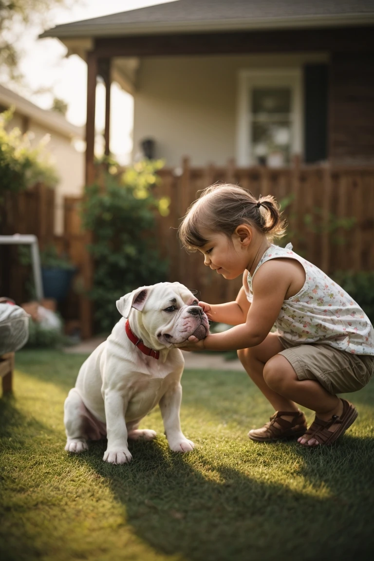 An American Bulldog bonding with a child. With proper care, this breed can make a loyal family pet.