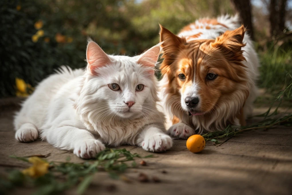 Turkish Vans can be good with dogs, but it is important to introduce them to each other carefully and provide them with plenty of opportunities to socialize. This image shows a Turkish Van cat and a dog playing together, which illustrates the potential for a positive relationship between the two species.