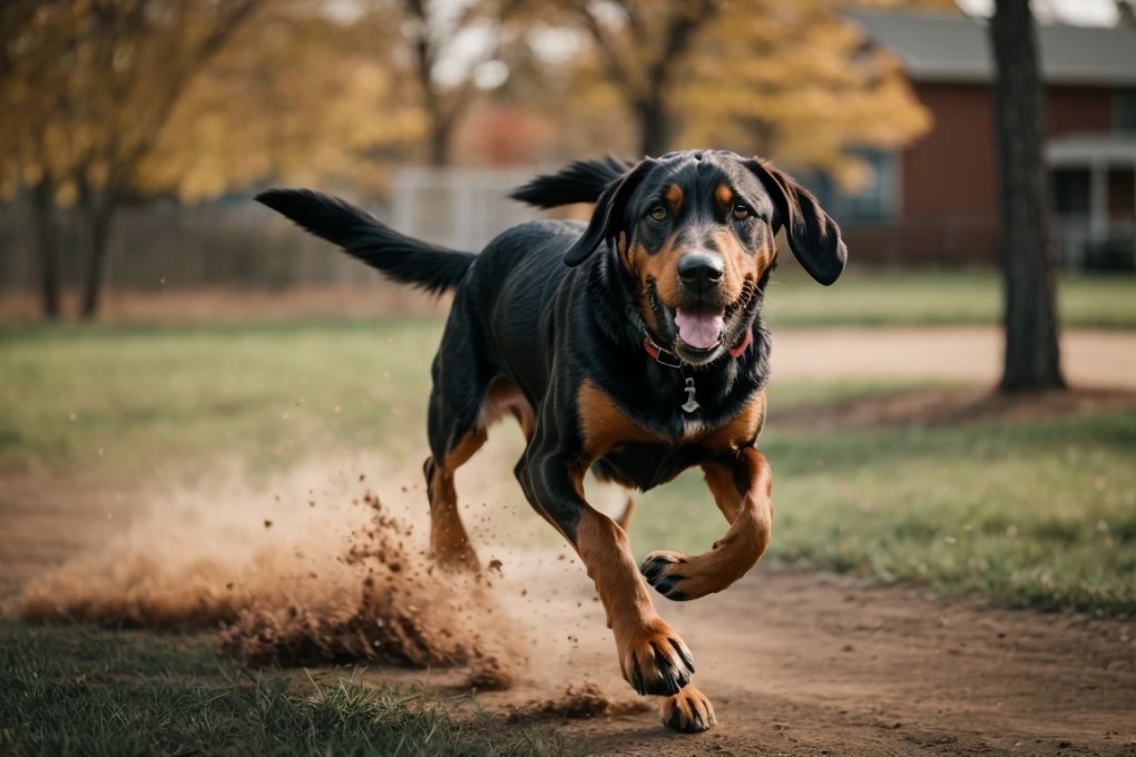 A Black and Tan Coonhound running to burn off their excess energy