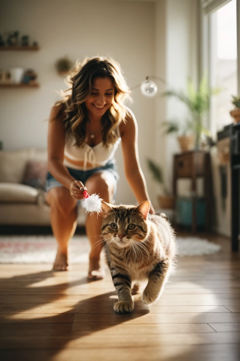 A healthier, happier cat chasing her favorite toy after a successful weight loss journey.