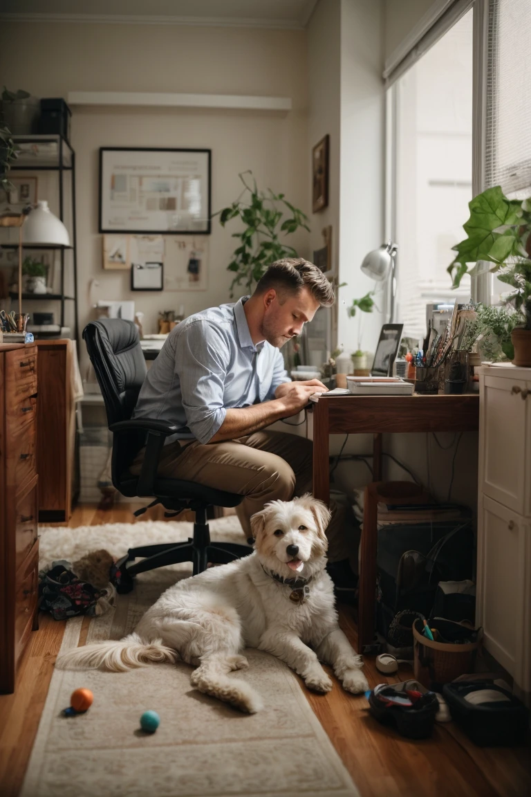 A happy dog engaged with a quiet indoor toy while the owner works. Preplanning is key to setting up the perfect Dog Friendly Home Office.