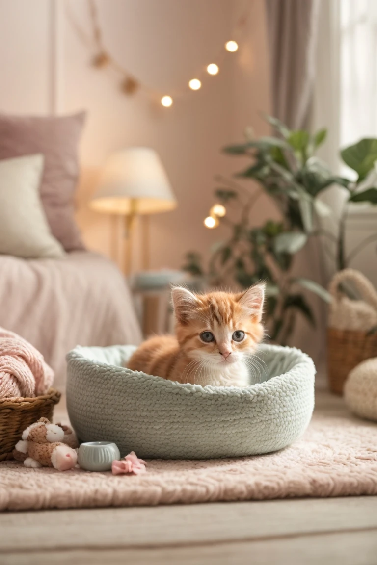 A content and safe newborn kitten nestled comfortably in a cozy bed, surrounded by toys and a feeding bowl with fresh water and food, highlighting the importance of creating a warm and comforting environment for the new arrivals.