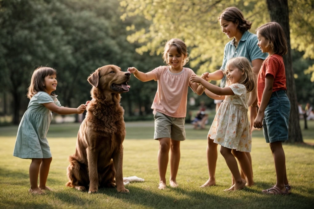 Chesapeake Bay Retrievers can make wonderful family dogs with proper training and socialization. This image shows a Chesapeake Bay Retriever playing with a family of children in a park.