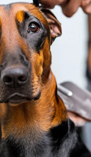 A German Pinscher being groomed showing off its short, shiny, and well-groomed coat.