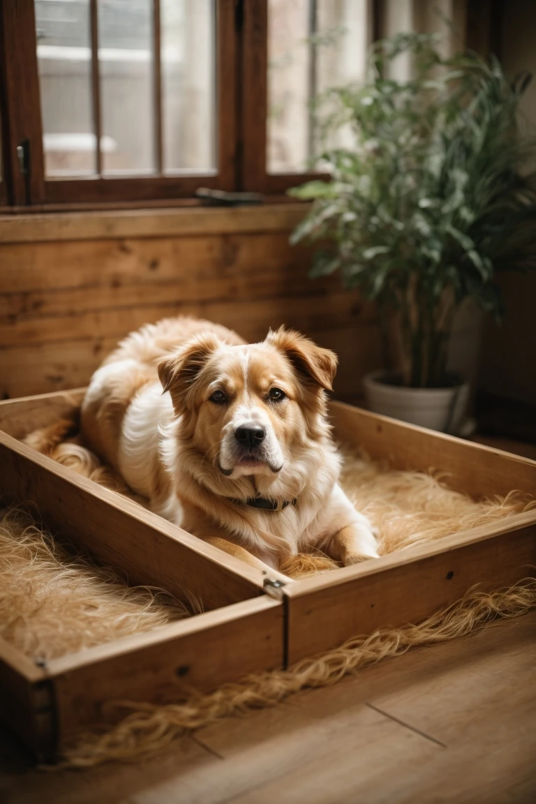 A pregnant dog comfortably resting in a prepared whelping box.