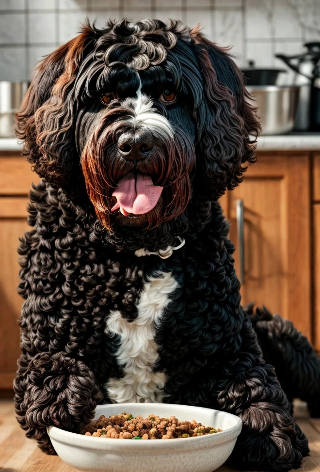 Portuguese Water Dogs do well on high-protein diets with omega fatty acids to support their energetic lifestyle and curly waterproof coats.