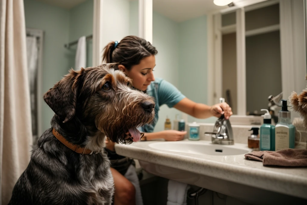 German Wirehaired Pointers require regular grooming to keep their coats healthy and mat-free. This image shows a German Wirehaired Pointer being groomed by its owner, who is using a variety of grooming tools to keep the dog's coat clean and tidy.