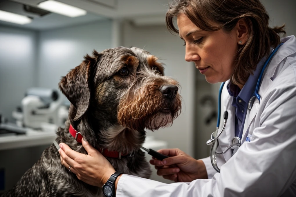 German Wirehaired Pointers are generally healthy dogs, but they can be prone to certain health conditions, such as hip dysplasia, elbow dysplasia, and bloat. This image shows a German Wirehaired Pointer being examined by a veterinarian.