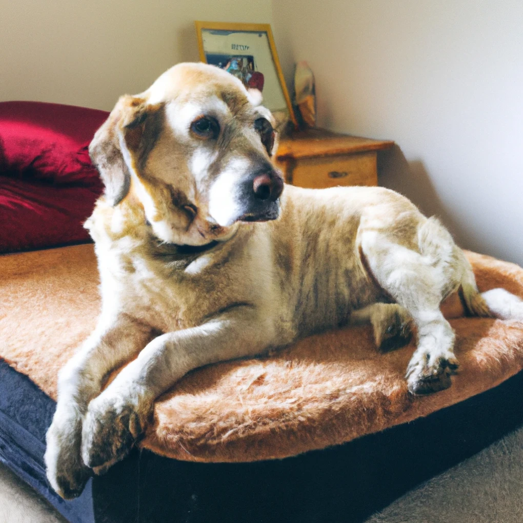 An elderly dog resting peacefully on a comfortable bed