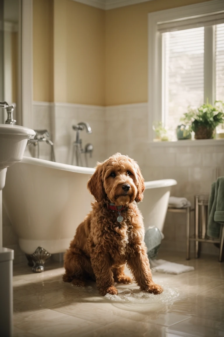 A freshly groomed Goldendoodle ready to go after a bath, brushing, and trim.