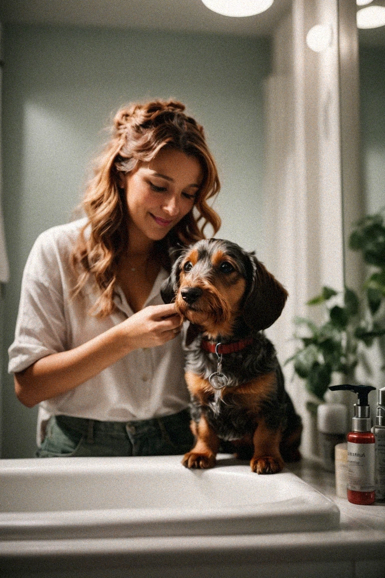 Frequent brushing keeps a wirehaired dachshund's coat neat and tangle-free.