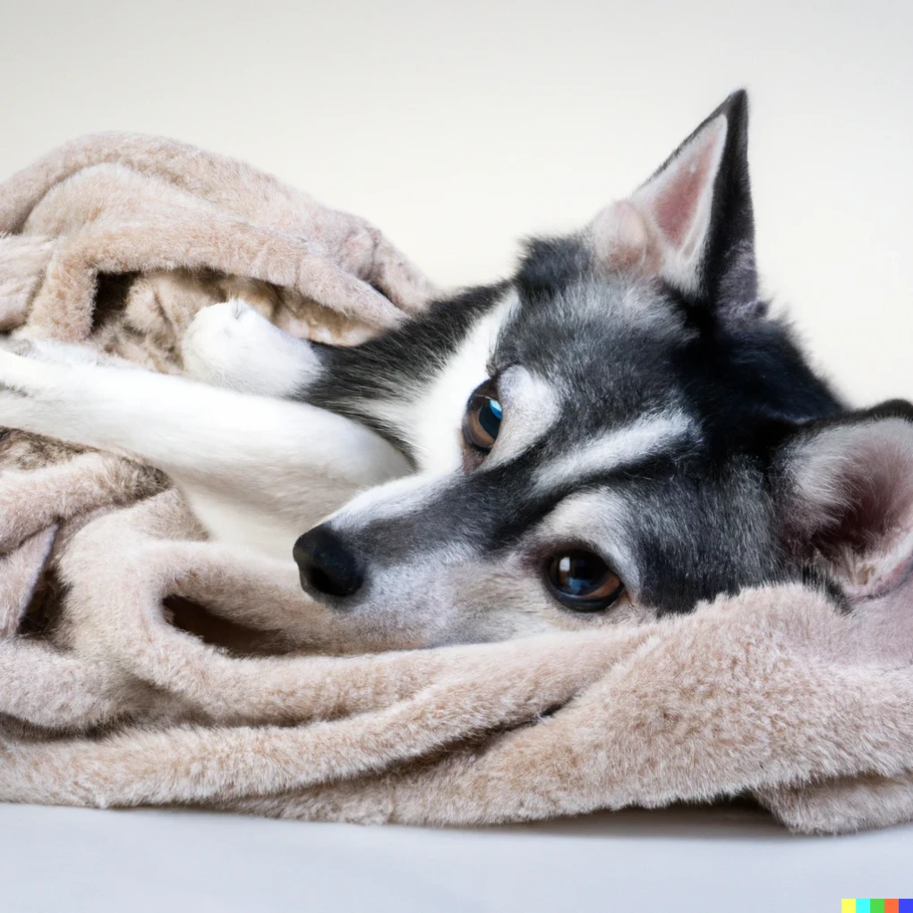 Fresh out of the bath! A relaxed Alaskan Klee Kai drying off on a cozy towel.