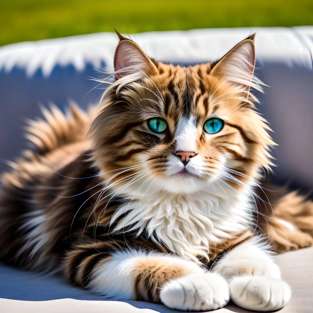 A majestic Ragamuffin cat lounging in the sun, showcasing its plush coat and captivating eyes.