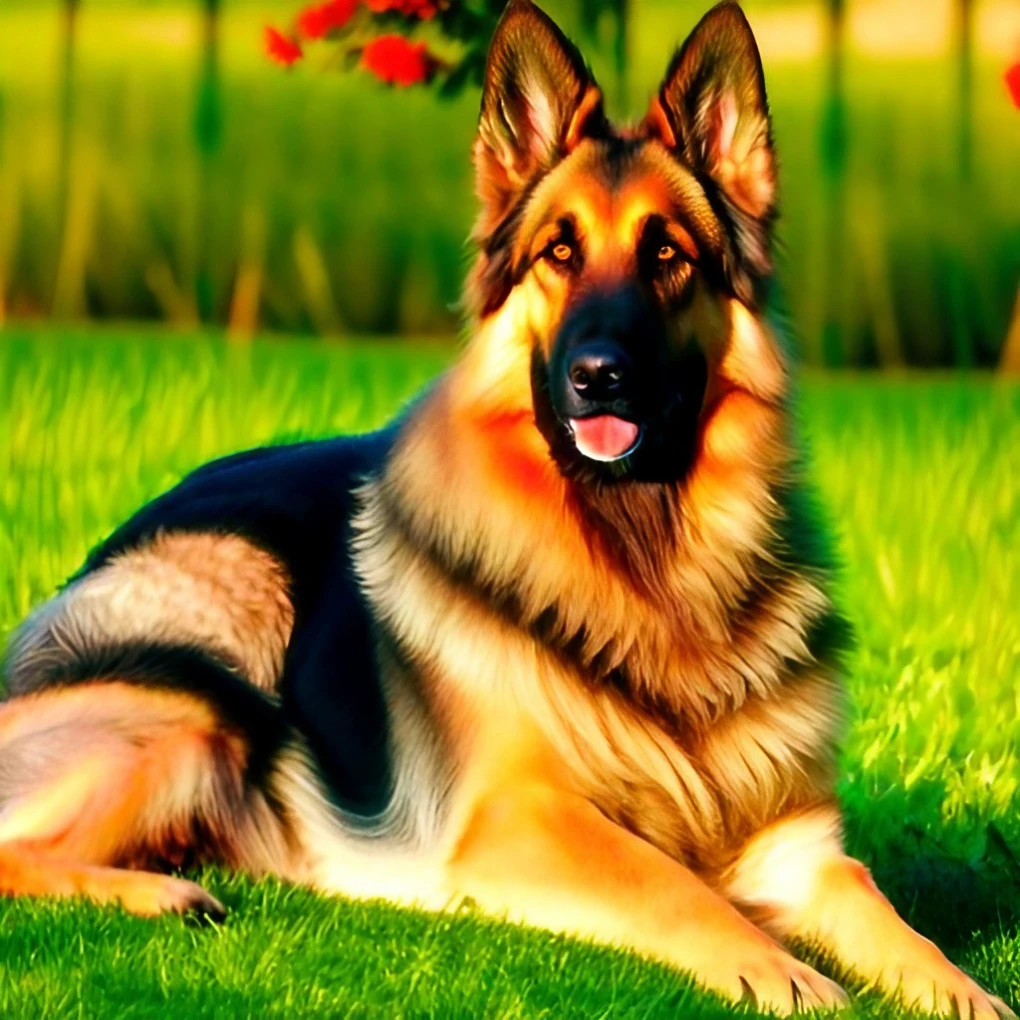 A healthy German Shepherd relaxing in the yard. They aren't the cheapest dogs, but they are very much worth it.