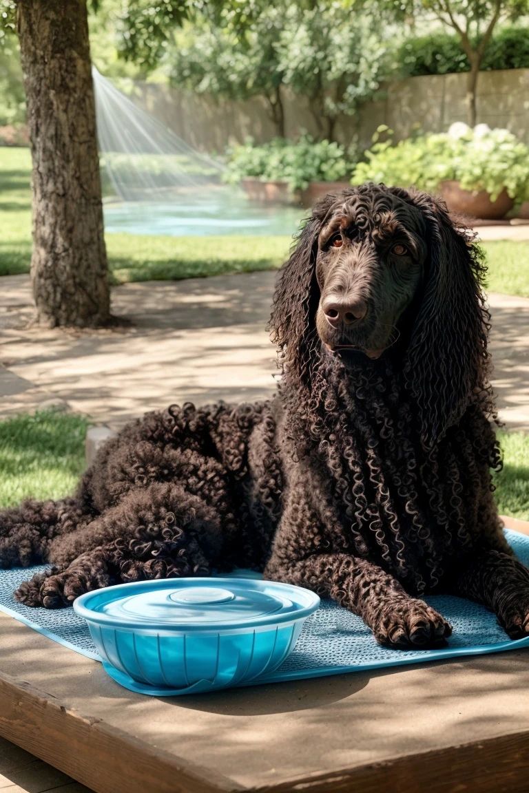 Staying refreshed: A Curly-Coated Retriever enjoys summer's best comforts, showcasing the essence of cool canine care.