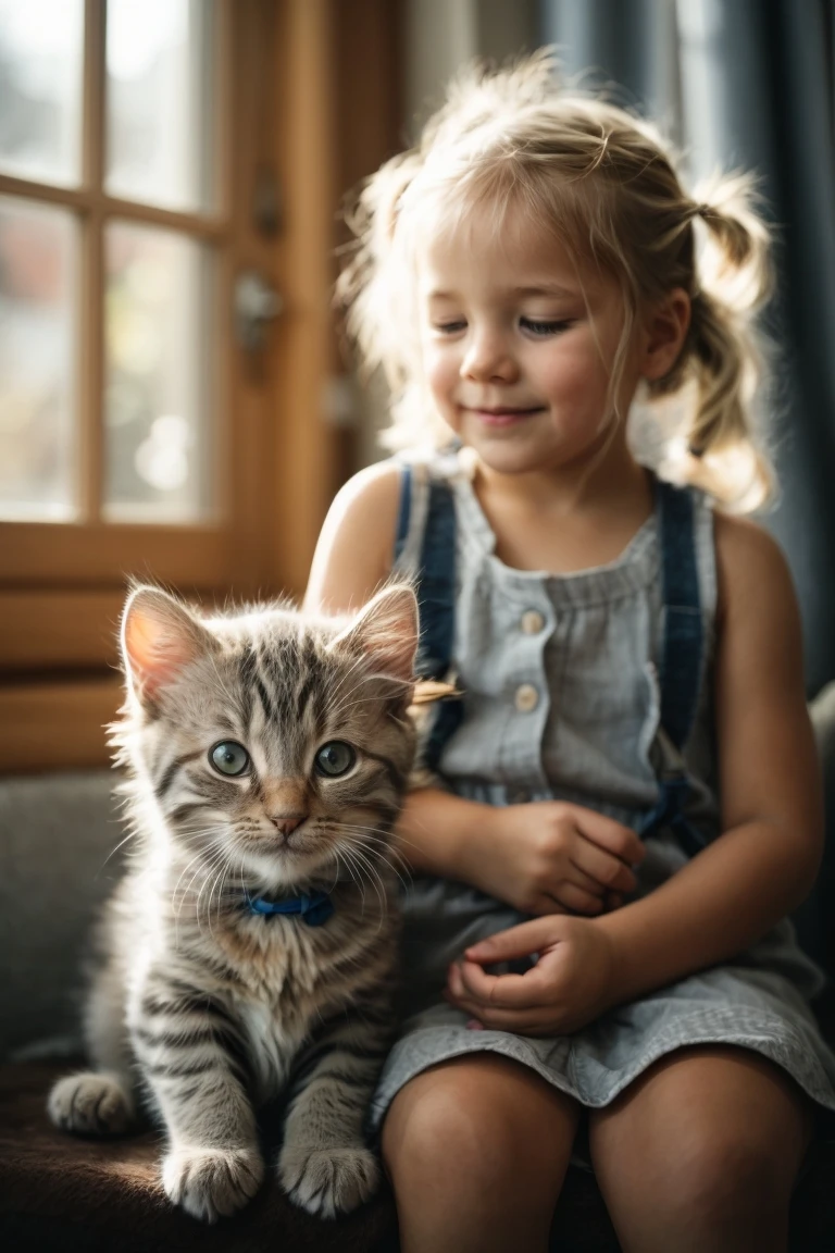 Lucy the kitten meets her new human friend Emma for the first time. With calm and care, cats and kids can become the best of friends.