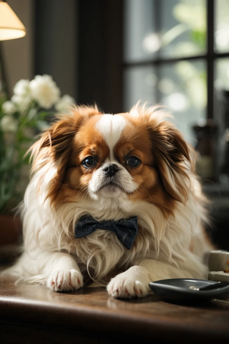 Regular brushing prevents tangles in the Japanese Chin's long coat.