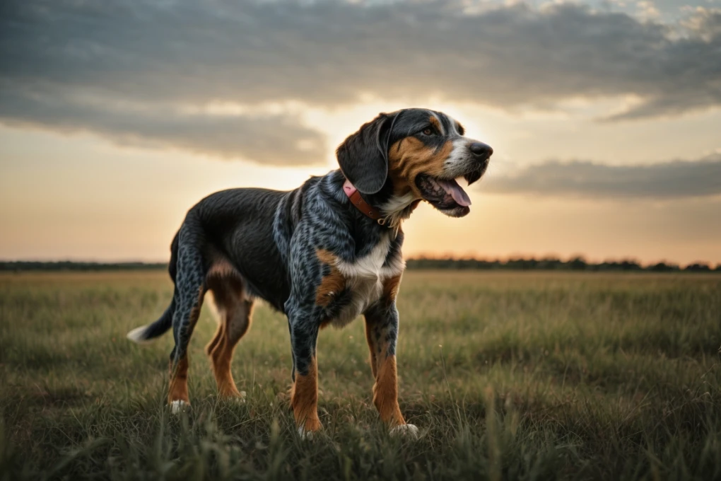 Bluetick Coonhounds are known for their loud barking and baying, which can be a problem for some owners. This image shows a Bluetick Coonhound barking and baying while standing in a field.