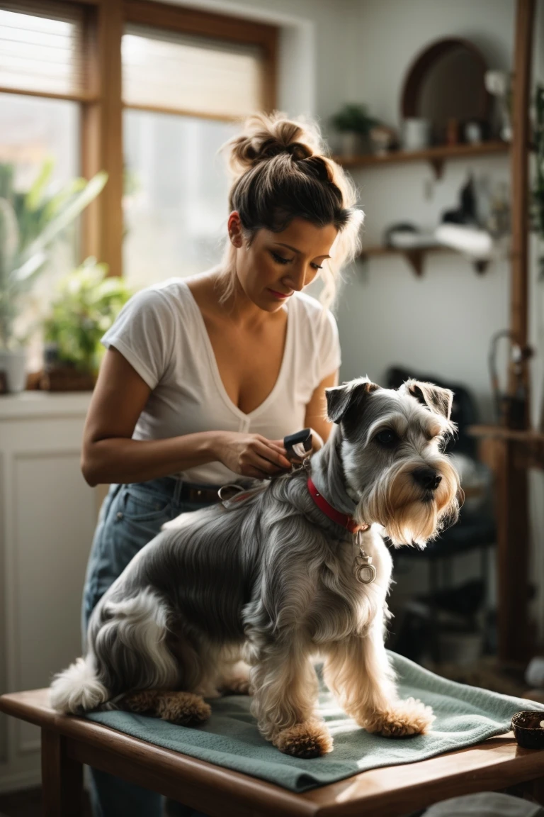 Miniature Schnauzers have wiry coats that require regular grooming to keep them healthy and looking their best. This photo shows an owner using our guide to groom their Miniature Schnauzer's fur at home.