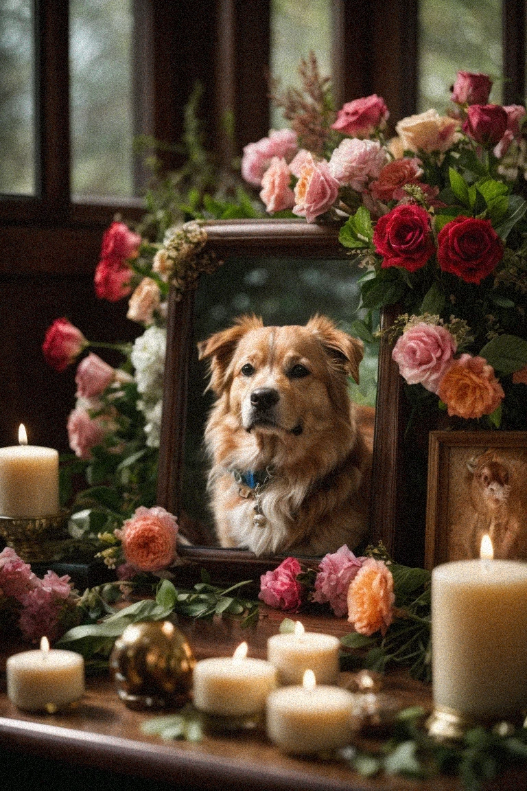 A memorial set up for a beloved pet with a photo, candles, and flowers.