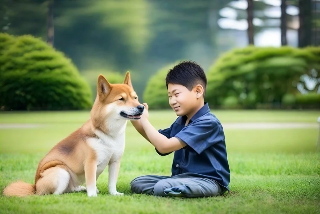A joyful Shiba Inu playfully interacting with a child, illustrating the potential for a wonderful bond, given proper socialization and understanding.