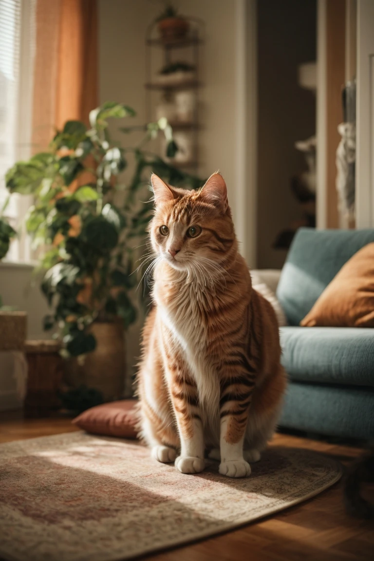 A pregnant cat rests comfortably in a modern apartment, showcasing the importance of providing a serene and cozy environment for your queen during her pregnancy.