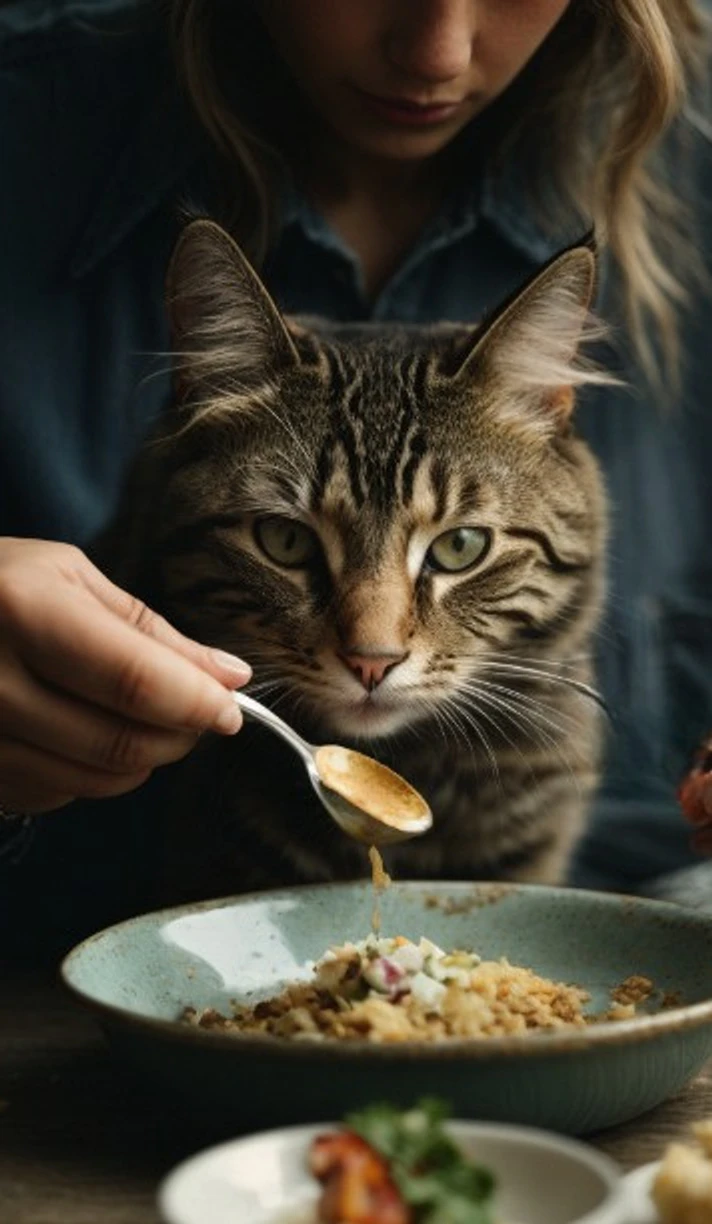 A healthy cat enjoying a balanced meal of homemade food supplemented with essential nutrients.