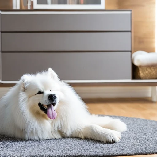 A Samoyed enjoying the comforts of apartment living.