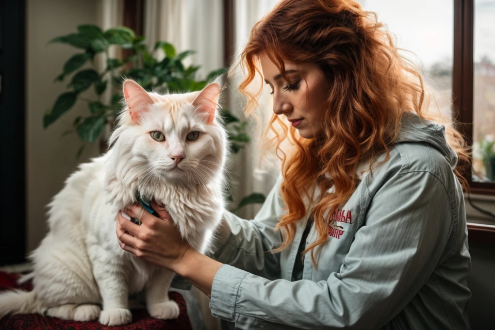 Turkish Van cats require regular grooming to keep their coats healthy and mat-free. This image shows a Turkish Van cat being groomed by its owner, who is using a variety of grooming tools to keep the cat's coat clean and tidy.