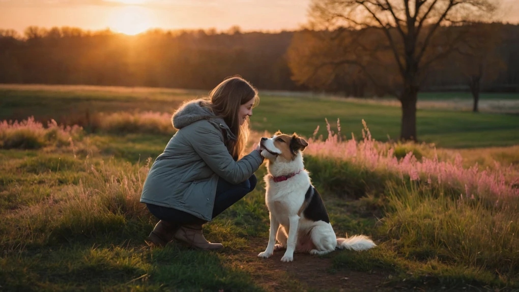 Capturing the essence of Valentine's Day: a moment of learning and laughter between a devoted dog and their loving owner, basked in the golden light of sunset.